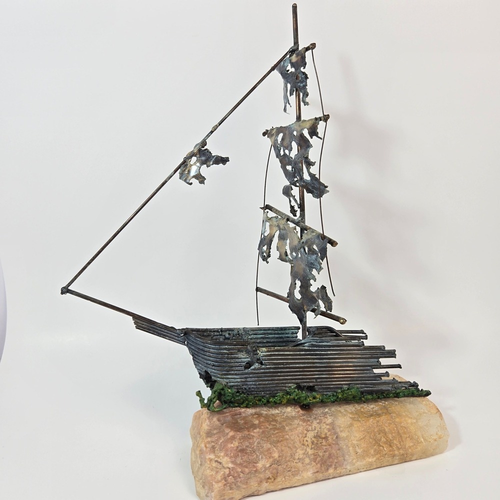 Vintage Brutalist Metal Ship Sculpture Signed DeMott Onyx Base Nautical MCM 13.5